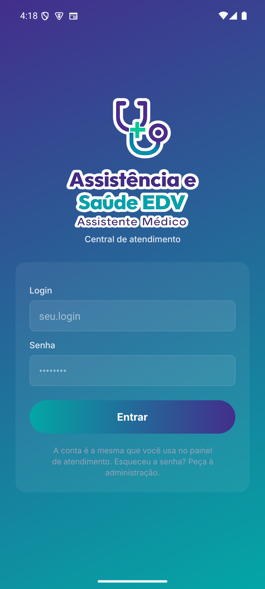 Tela real do aplicativo Assistência e Saúde EDV